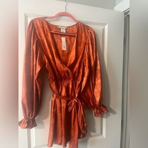 A. Calin by flying tomato Burnt Orange Satin print Wrap Dress NWT